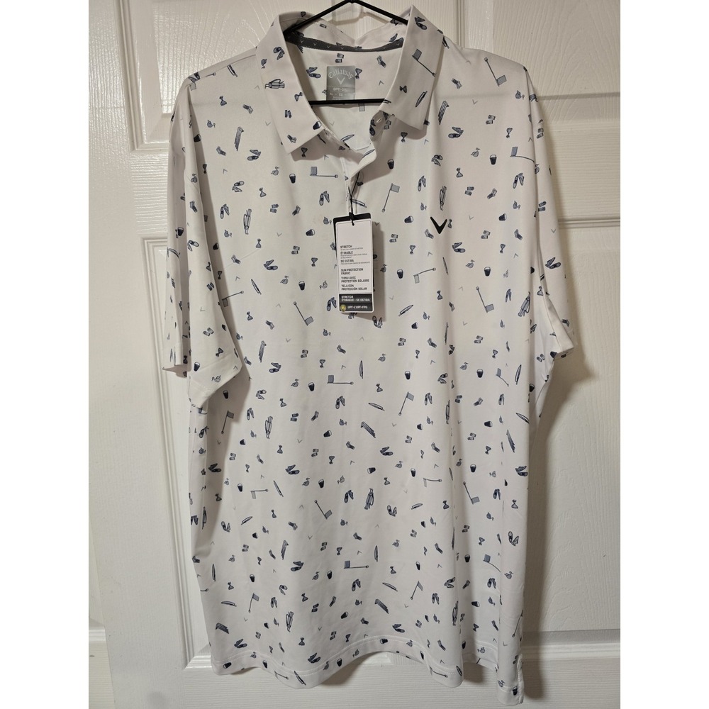 Callaway Mens Polo Shirt XL All Over Print Golf Themed White Opti Dri